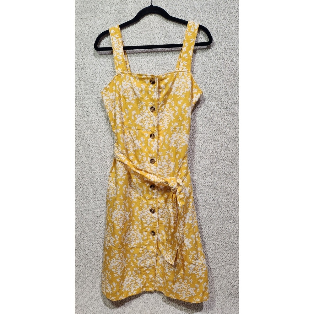 Ann Taylor Dress SZ 6 Yellow Floral Button Front Tie Waist Sundress Linen Blend
